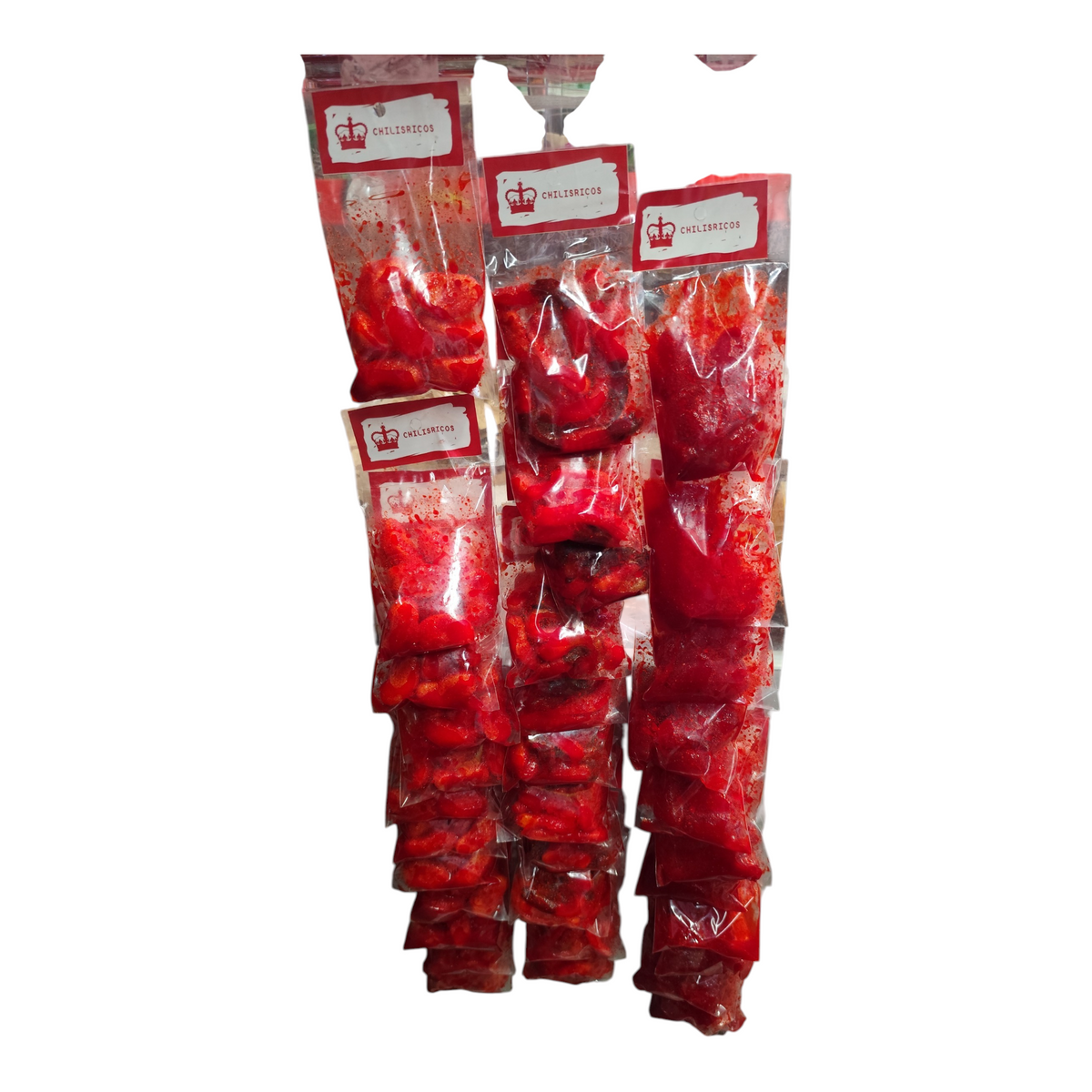 Chilis Ricos Gomitas enchamoyadas trae 12 piezas cada bolsa sandía, mango, gusanito elije de una